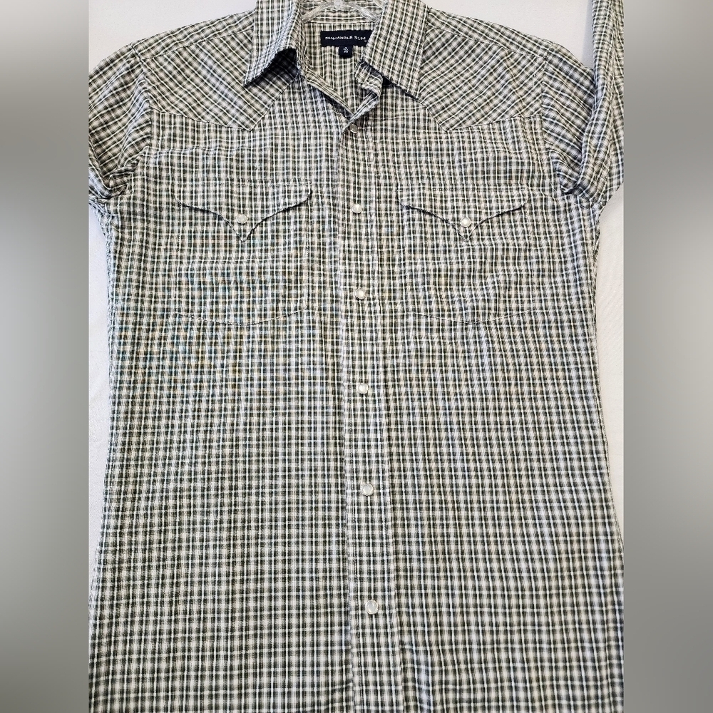 PANHANDLE SLIM Men's Green Western Yoke Pearl Snap Plaid Shirt, sz SM / 14.5 - Picture 8 of 12